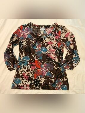 Chicos Travelers Size 0 (4-6) Multicolor Floral Artsy Pullover 3/4 Sleeve Top